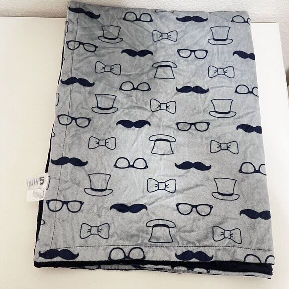 HB Hudson Baby Blanket Gray Blue Minky Dot Mustache Glasses Bow Tie Hats Lovey - Picture 4 of 12